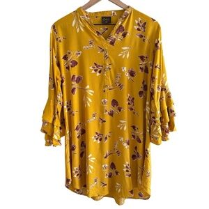 Mustard Yellow Floral Popover Blouse Tunic Ruffle Sleeves Peasant Bohemian XXL
